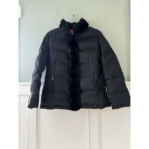 Oscar de la Renta Down Faux Fur Collar Trim‎ Mid Length Coat Black Women Med
